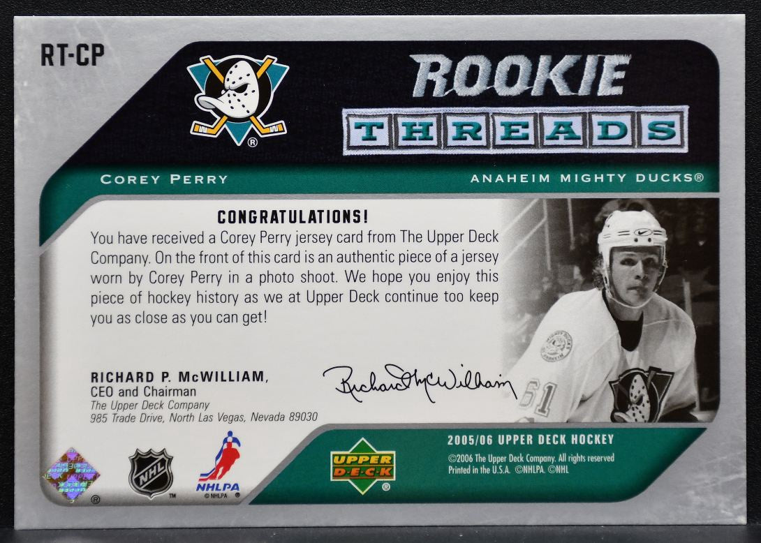2005-06 Upper Deck Rookie Threads Corey Perry RT-CP Mighty Ducks RC Jersey 0899