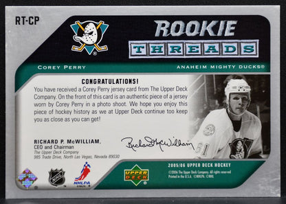 2005-06 Upper Deck Rookie Threads Corey Perry RT-CP Mighty Ducks RC Jersey 0899