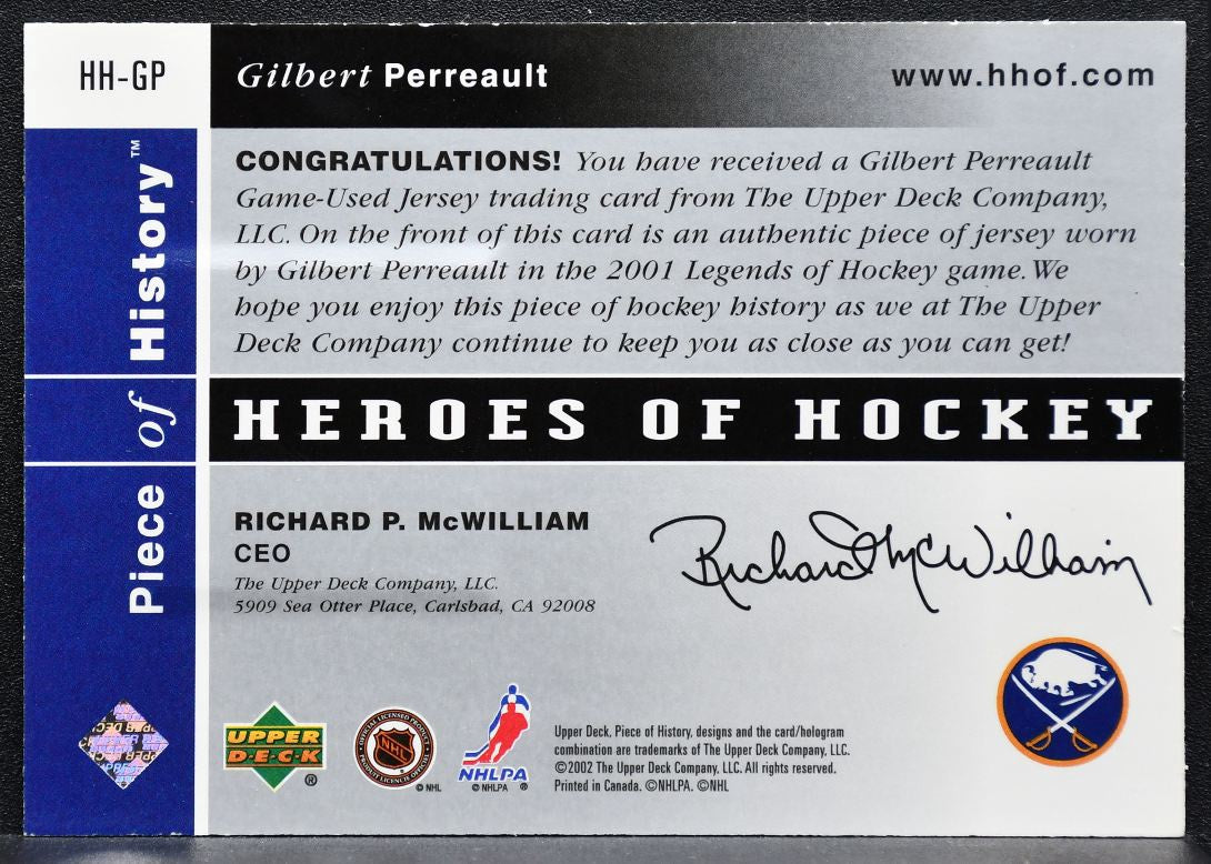 2002-03 UD Piece of History Heroes Jerseys Gilbert Perreault Sabres Jersey 8559