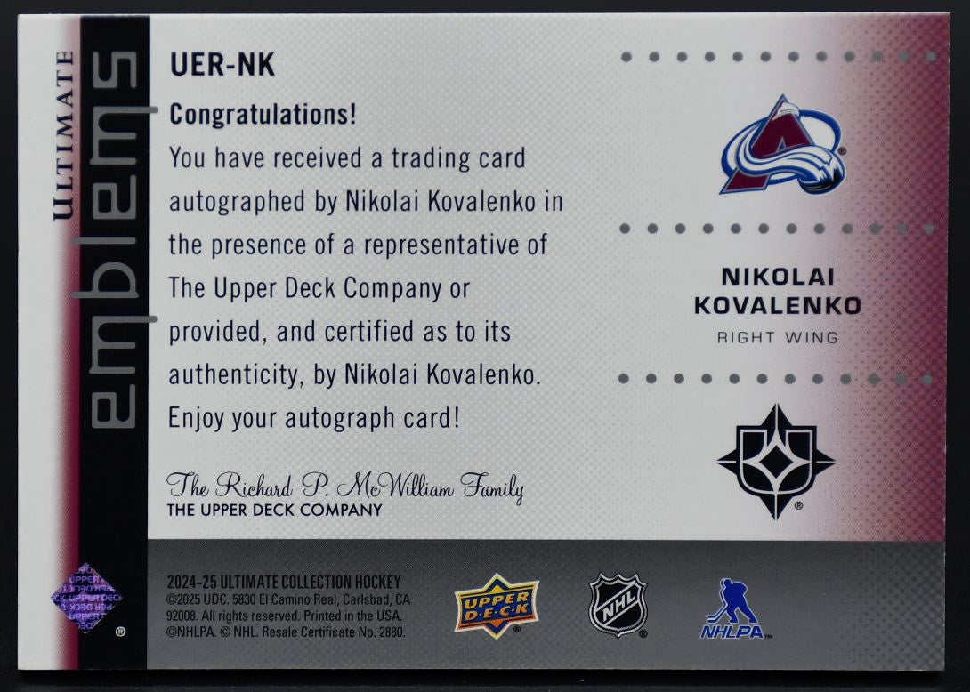 2024-25 UD Ultimate Collection Emblèmes ultimes Nikolai Kovalenko UER-NK RC Auto