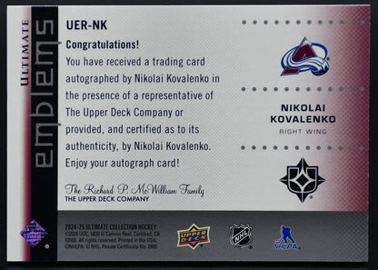 2024-25 UD Ultimate Collection Emblèmes ultimes Nikolai Kovalenko UER-NK RC Auto