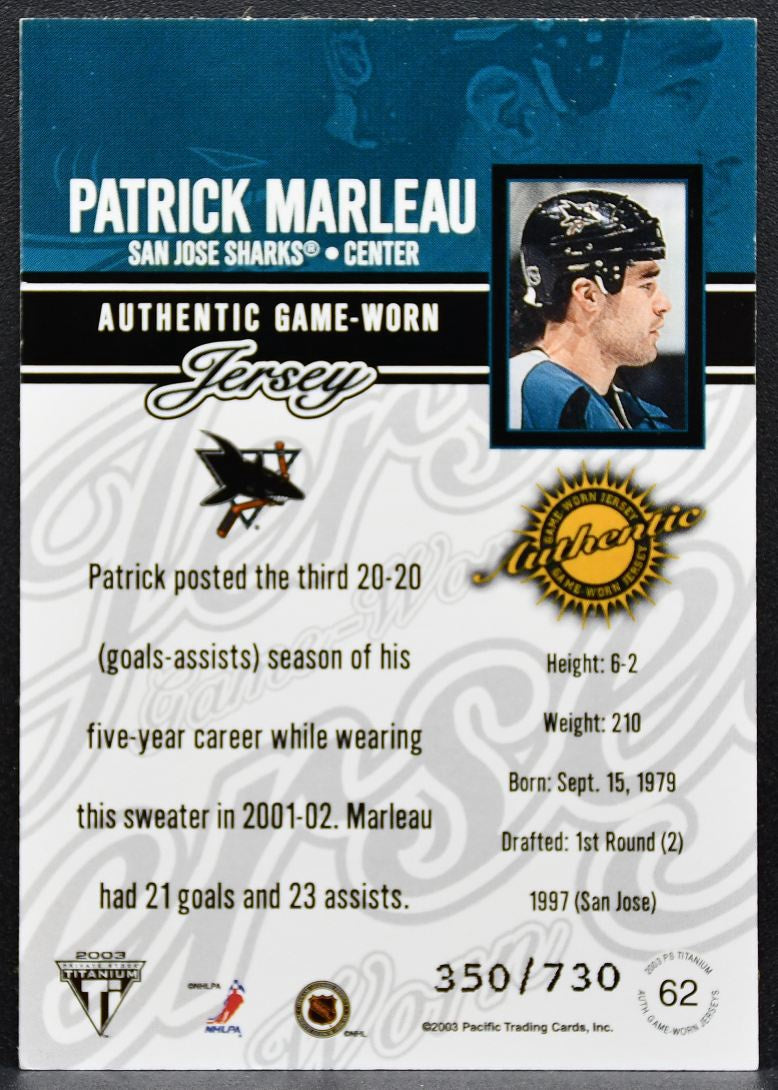 2002-03 Pacific Private Stock Titanium Patrick Marleau Sharks Jersey 6777