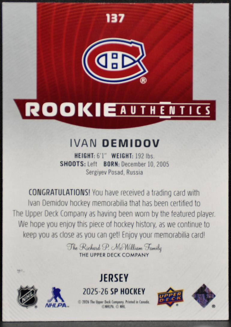 2025-26 SP Rookie Authentics Jersey Ivan Demidov 137 Canadiens RC Jersey 5660