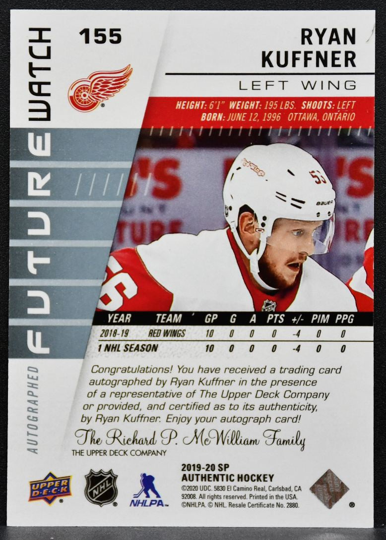 2019-20 SP Authentic Future Watch Auto Ryan Kuffner Red Wings RC Auto 7293