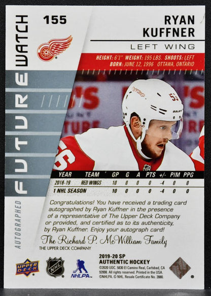 2019-20 SP Authentic Future Watch Auto Ryan Kuffner Red Wings RC Auto 7293