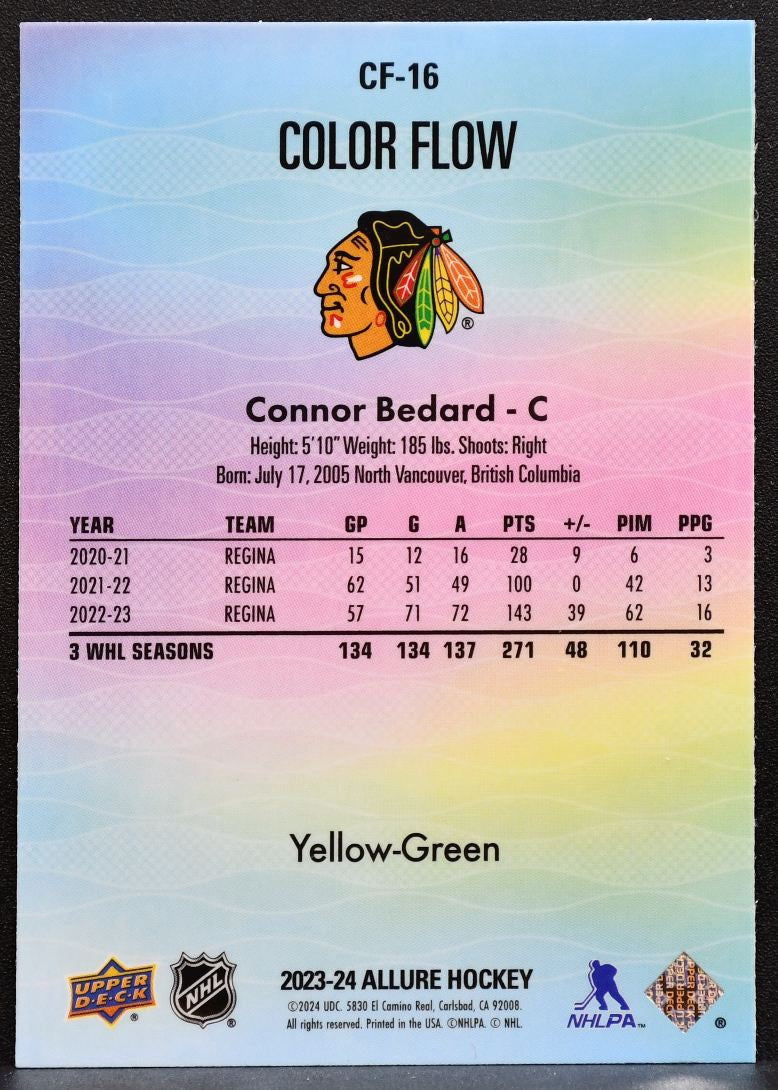 2023-24 UD Allure Color Flow Yellow-Green Connor Bedard CF-16 Blackhawks RC 0115