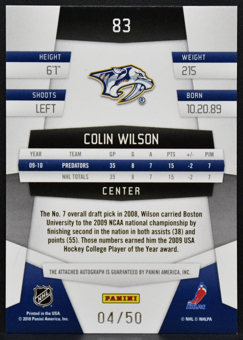 2010-11 Panini Certified Mirror Blue Colin Wilson 83 Predators Auto 04/50 8102
