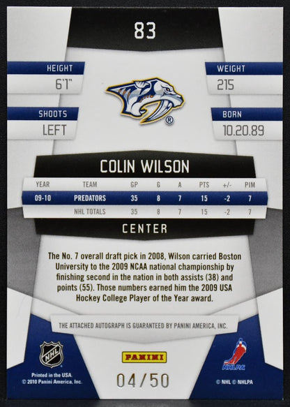 2010-11 Panini Certified Mirror Blue Colin Wilson 83 Predators Auto 04/50 8102