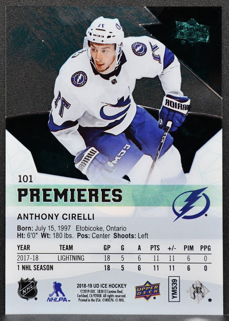 2018-19 UD Ice Premieres Anthony Cirelli 101 Tampa Bay Lightning RC 319/499 5364