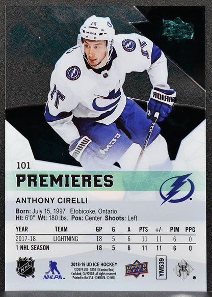 2018-19 UD Ice Premieres Anthony Cirelli 101 Tampa Bay Lightning RC 319/499 5364