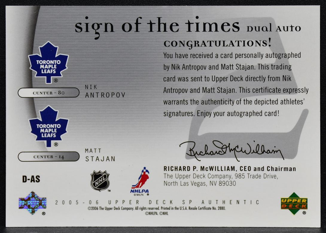 2005-06 SP Authentic Sign of the Times Nik Antropov / Matt Stajan D-AS Auto 4761