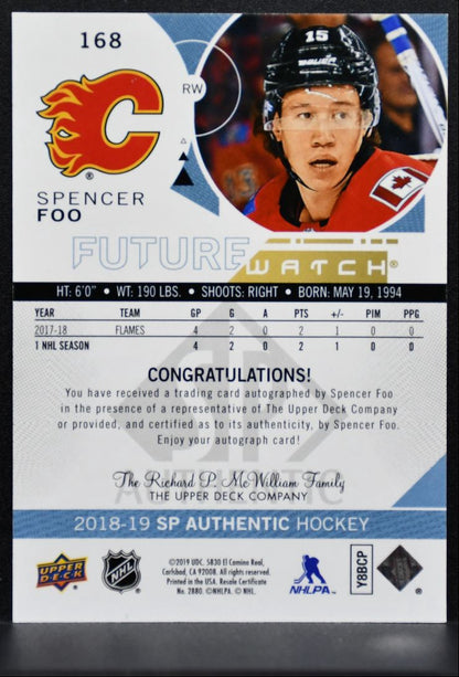 2018-19 SP Authentic Future Watch Auto Spencer Foo Flames RC Auto 423/999 9991