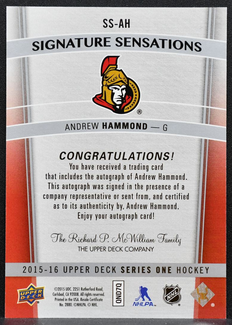 2015-16 UD Series 1 Signature Sensations Andrew Hammond SS-AH Senators Auto 7011