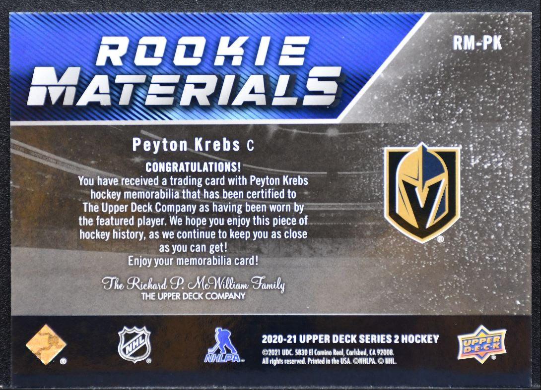 2020-21 UD Series 2 Rookie Materials Peyton Krebs Golden Knights RC Jersey 6705
