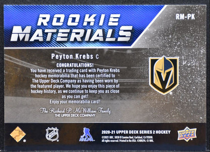 2020-21 UD Series 2 Rookie Materials Peyton Krebs Golden Knights RC Jersey 6705