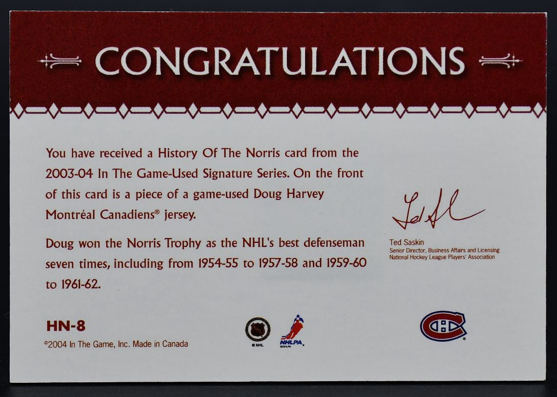 2003-04 In The Game Signature Series History of the Norris Harvey HN-8 Jersey