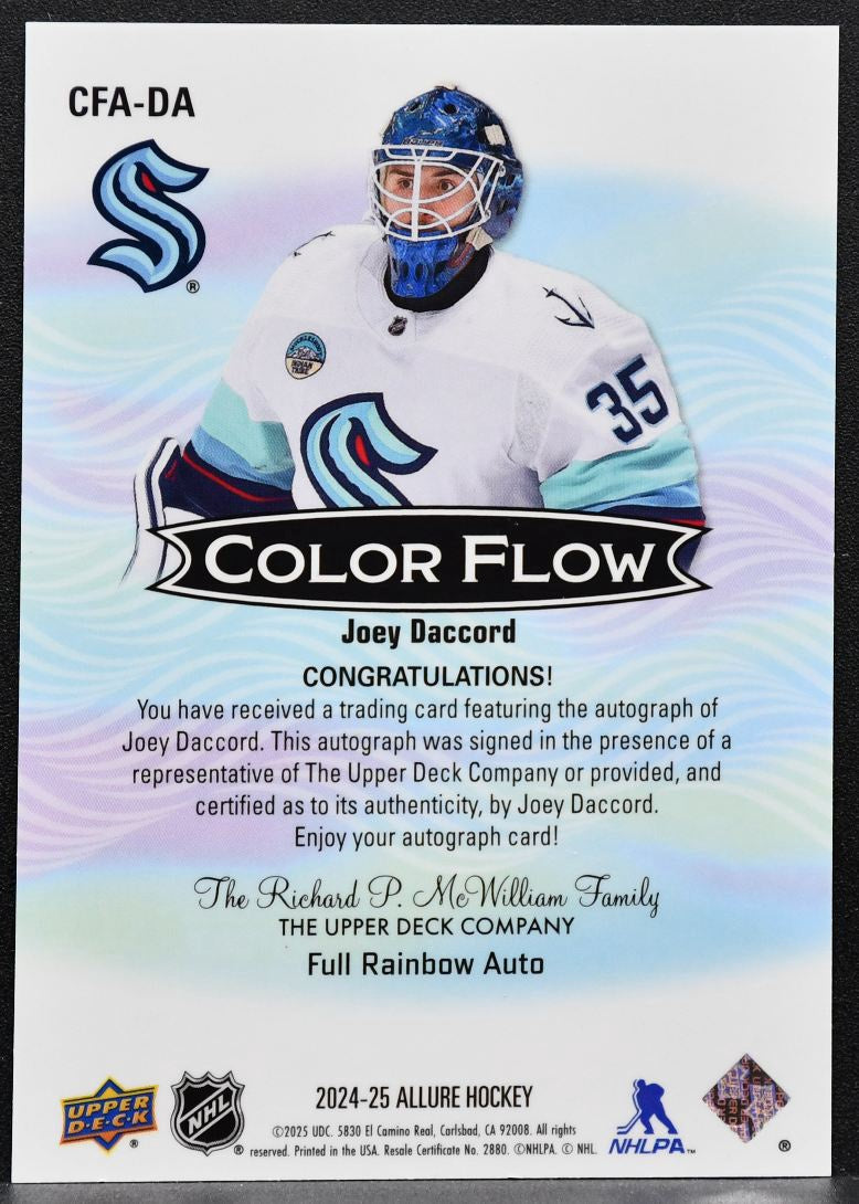 2024-25 UD Allure Color Flow Full Rainbow Auto Joey Daccord Kraken Auto 7177