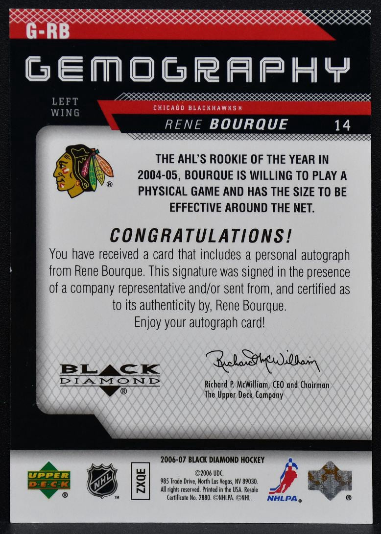 2006-07 UD Black Diamond Gemography Rene Bourque G-RB Blackhawks Auto 1936