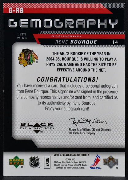 2006-07 UD Black Diamond Gemography Rene Bourque G-RB Blackhawks Auto 1936