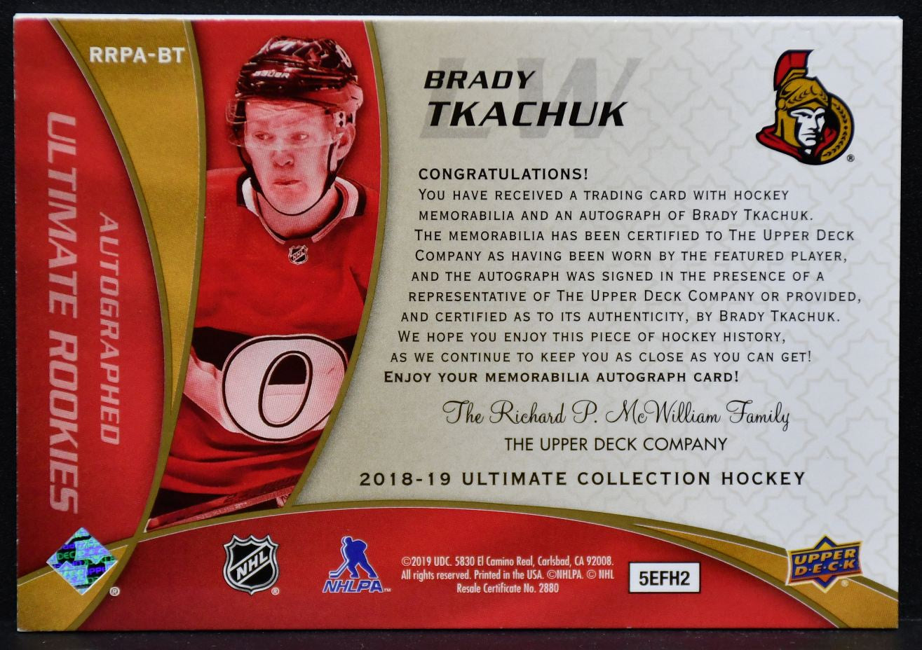 2018-19 UD Ultimate 2008-09 Retro Rookies Patch Auto Brady Tkachuk RRPA-BT RC 49