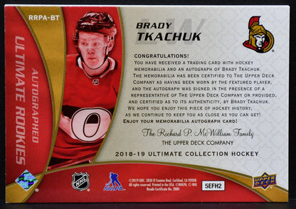 2018-19 UD Ultimate 2008-09 Retro Rookies Patch Auto Brady Tkachuk RRPA-BT RC 49