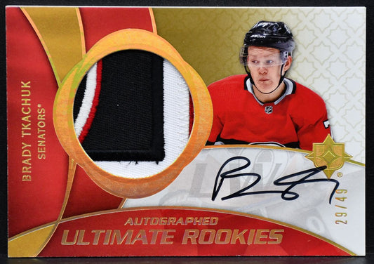 2018-19 UD Ultimate 2008-09 Retro Rookies Patch Auto Brady Tkachuk RRPA-BT RC 49