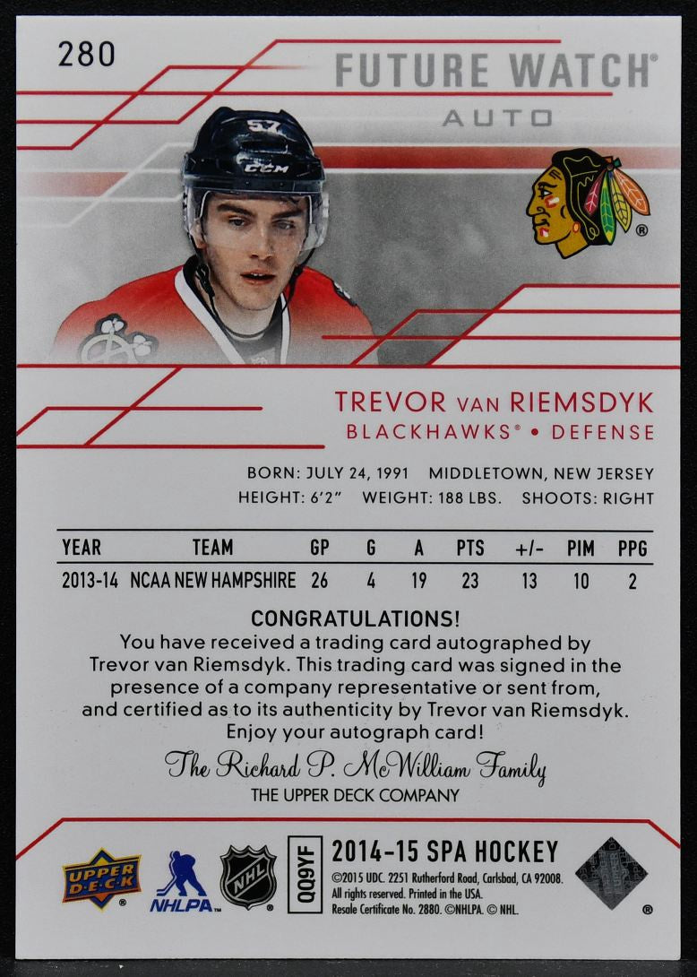 2014-15 SP Authentic Future Watch Auto Trevor van Riemsdyk 280 RC Auto 422/999