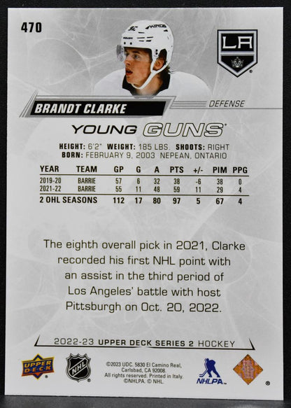2022-23 Upper Deck Series 2 Young Guns Brandt Clarke 470 Kings RC 6197