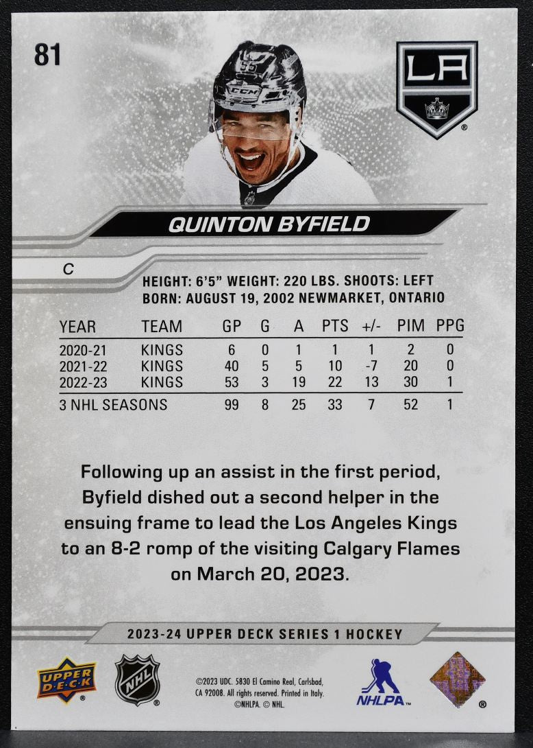 2023-24 Upper Deck Series 1 Exclusives Quinton Byfield 81 Kings 056/100 0702