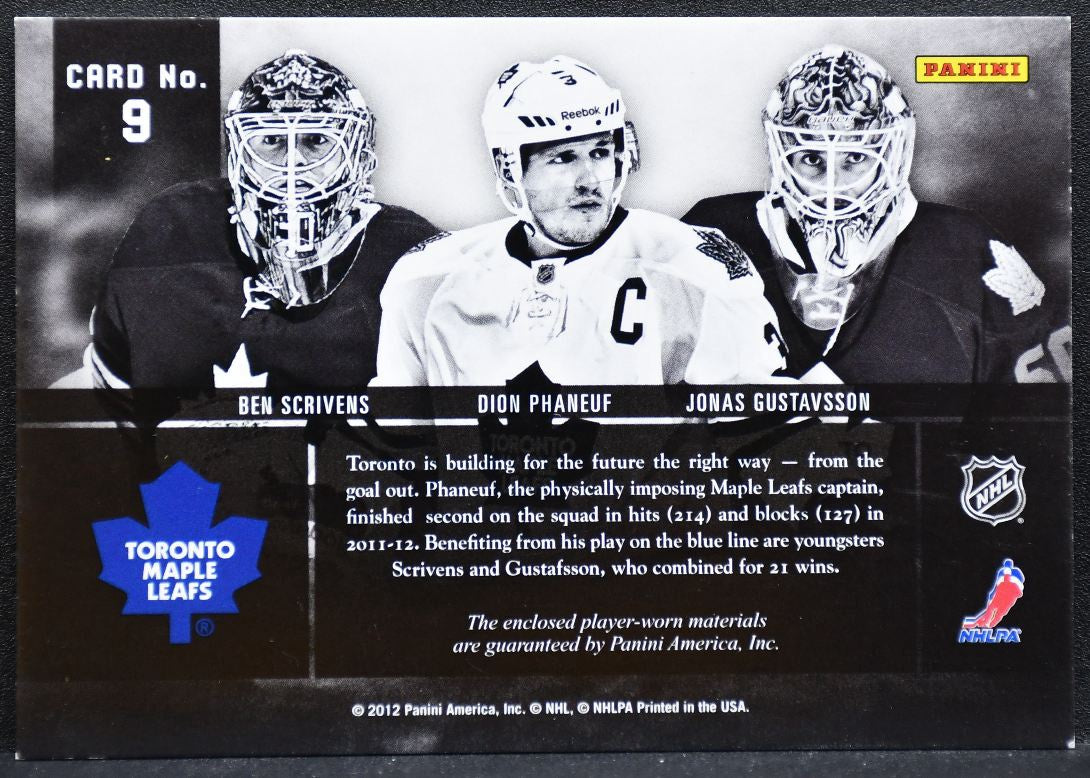 2012-13 Panini Prime Trios Scrivens/Phaneuf/Gustavsson 099/100 Jersey 0882