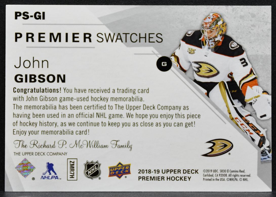 2018-19 Upper Deck Premier Swatches John Gibson PS-GI Ducks 53/99 Jersey 9646