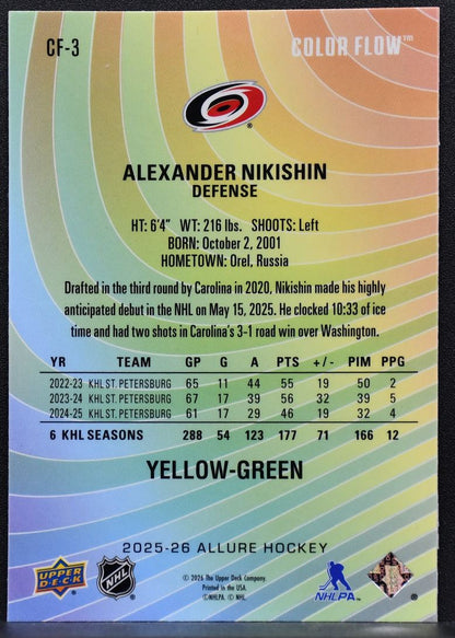 25-26 UD Allure Color Flow RC Yellow-Green Nikishin CF-3 Carolina Hurricanes RC 8038