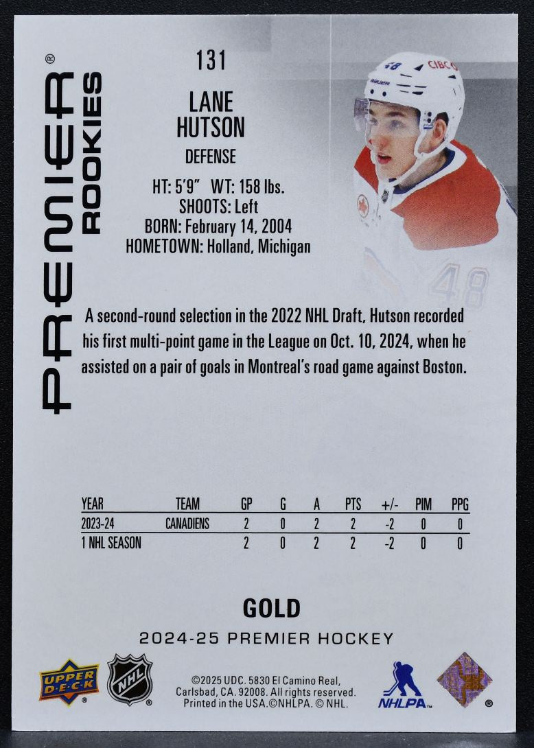 2024-25 UD Premier Rookies Gold Lane Hutson 131 Canadiens RC 195/199 9119
