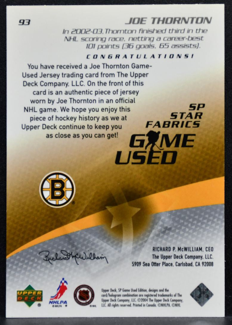 2004-05 SP Game Used Star Fabrics Joe Thornton 93 Boston Bruins Jersey 4392