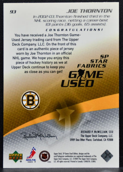 2004-05 SP Game Used Star Fabrics Joe Thornton 93 Boston Bruins Jersey 4392