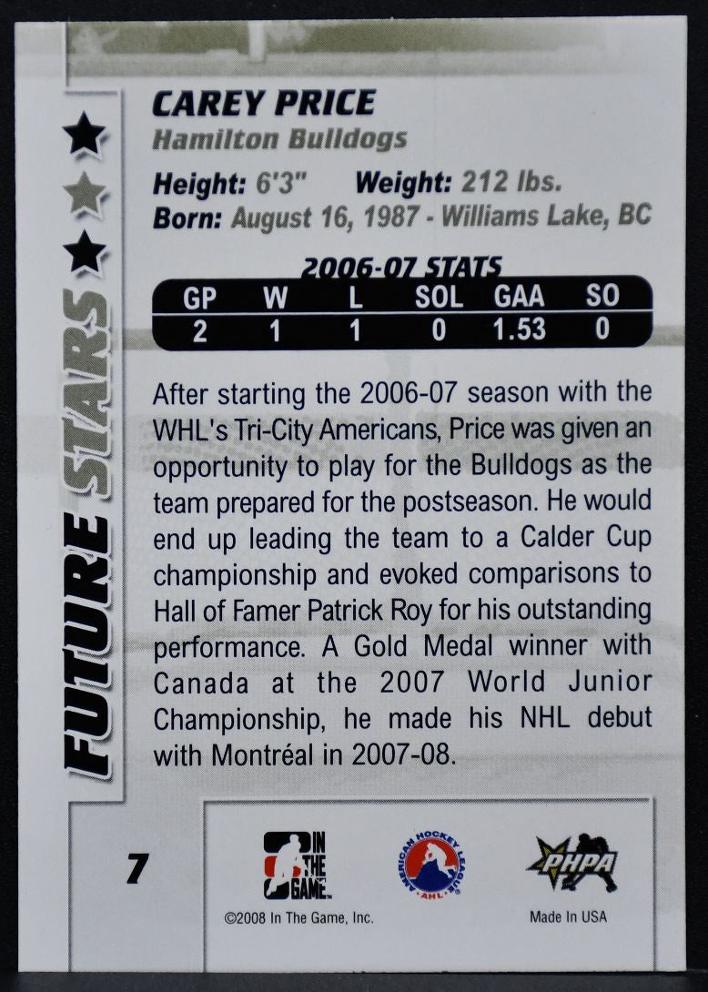 2007-08 In The Game Between the Pipes Future Stars Carey Price 7 Canadiens 6651