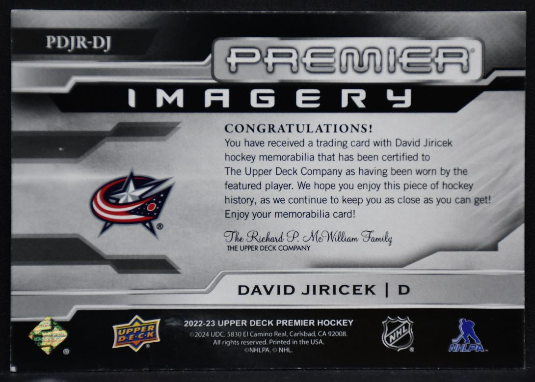 22-23 UD Premier Imagery Jersey RC David Jiricek Columbus Blue Jackets RC Jersey 6508