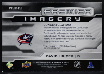 22-23 UD Premier Imagery Jersey RC David Jiricek Columbus Blue Jackets RC Jersey 6508