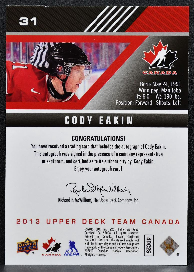 2013-14 Upper Deck Team Canada Gold Signatures Cody Eakin 31 Canada Auto 7455