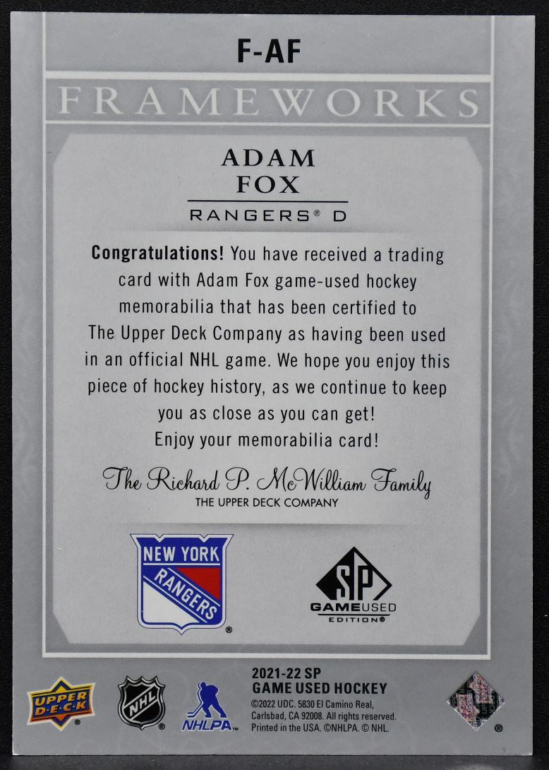 2021-22 SP Game Used Frameworks Adam Fox F-AF New York Rangers Jersey 8242