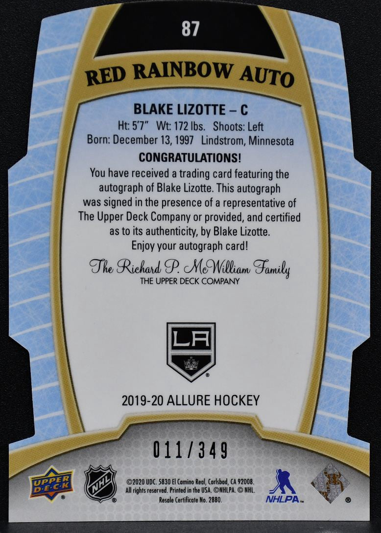 2019-20 UD Allure Red Rainbow RC Blake Lizotte 87 Kings RC Auto 011/349 7297