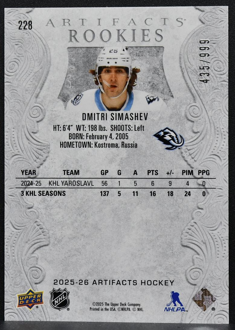 2025-26 Upper Deck Artifacts Rookies Dmitri Simashev 228 RC 435/999 6698