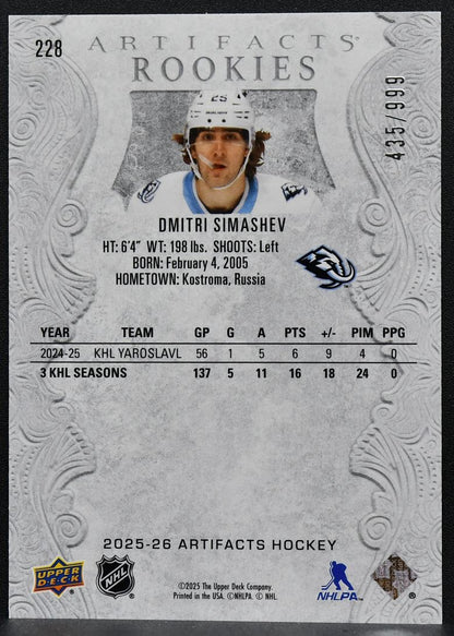 2025-26 Upper Deck Artifacts Rookies Dmitri Simashev 228 RC 435/999 6698
