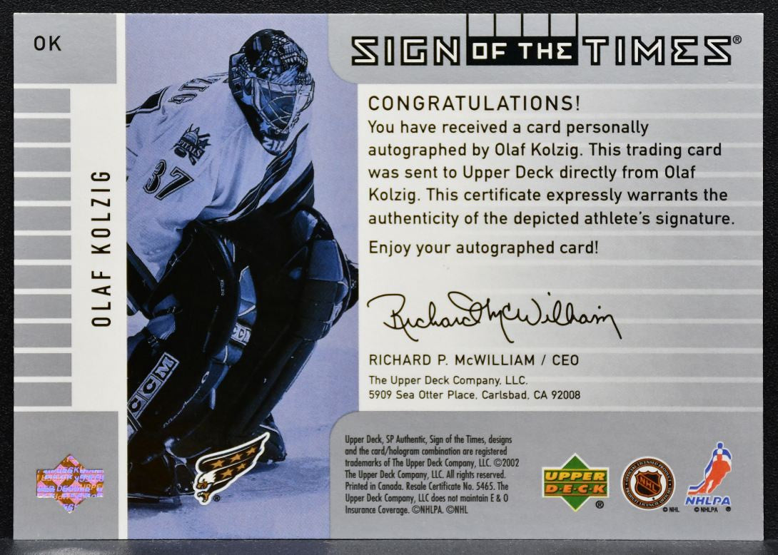 2001-02 SP Authentic Sign of the Times Olaf Kolzig OK Capitals Auto 7248
