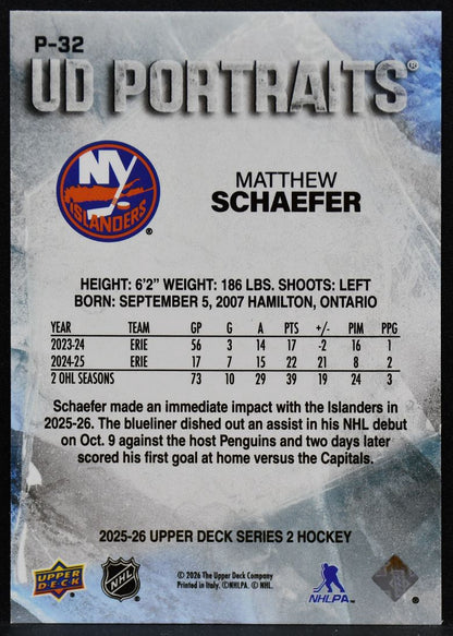2025-26 Upper Deck Series 2 UD Portraits Matthew Schaefer P-32 Islanders RC 3985