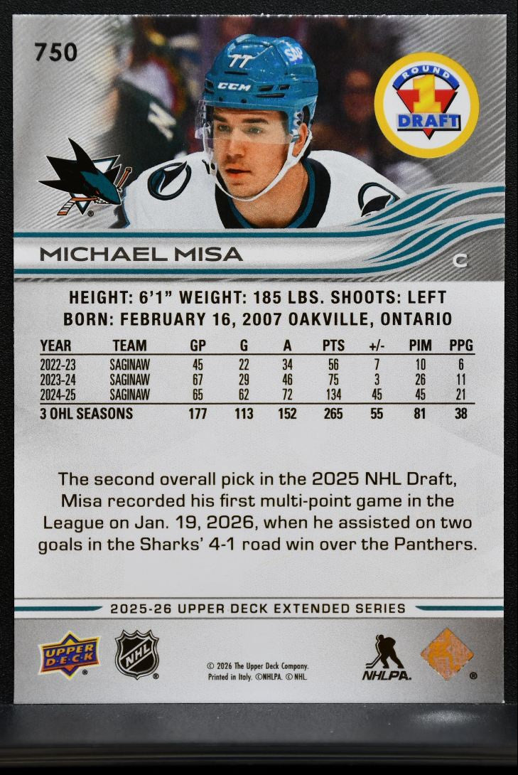 2025-26 Upper Deck Extended Series Round 1 Draft Michael Misa 750 Sharks RC 1860