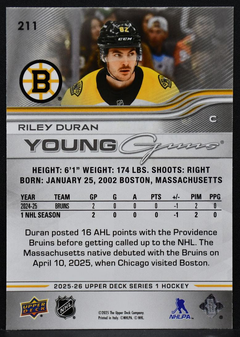 2025-26 UD Series 1 Young Guns Deluxe Riley Duran 211 Boston Bruins RC 030/250 1954