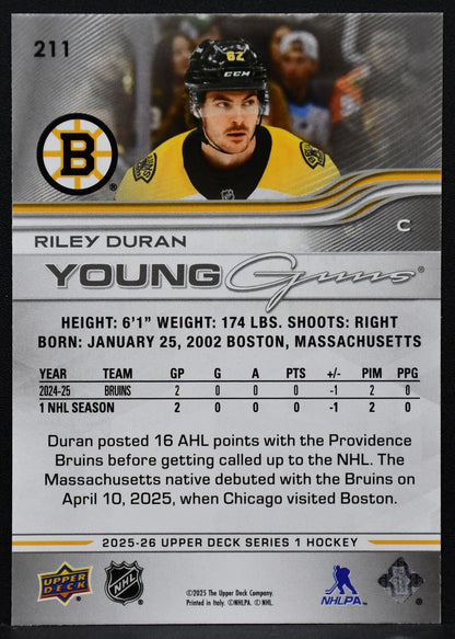 2025-26 UD Series 1 Young Guns Deluxe Riley Duran 211 Boston Bruins RC 030/250 1954
