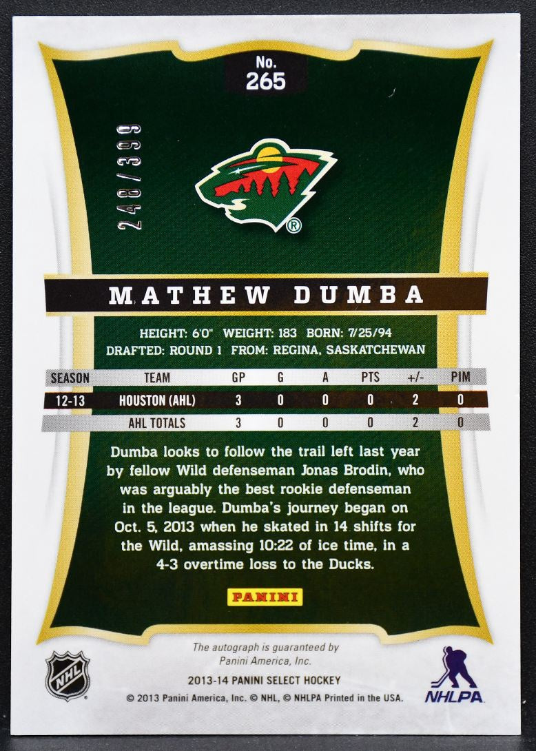 2013-14 Panini Select Rookie Auto Mathew Dumba 265 Wild RC Auto 248/399 8751