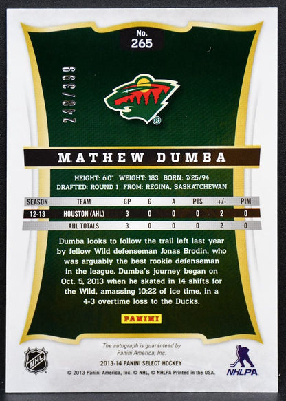 2013-14 Panini Select Rookie Auto Mathew Dumba 265 Wild RC Auto 248/399 8751
